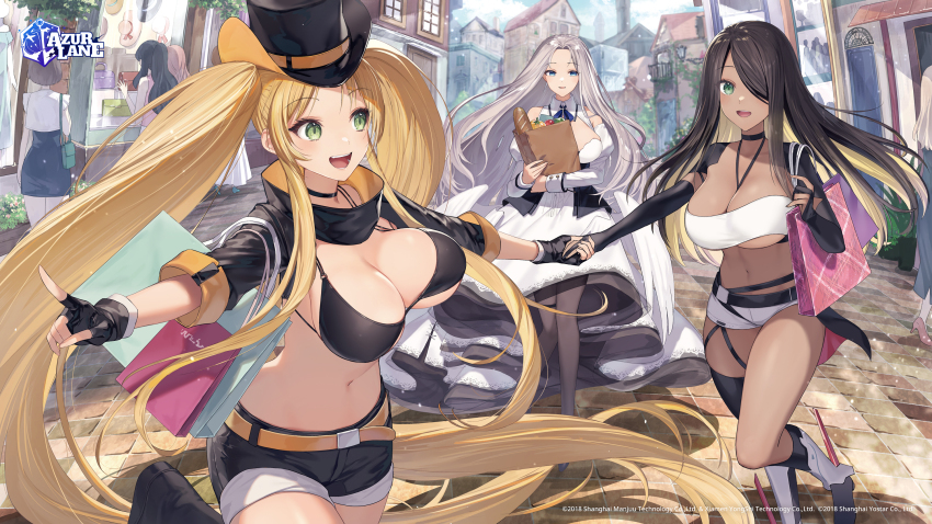 6+girls azur_lane bag black_choker black_gloves black_hair black_headwear black_shorts blonde_hair breasts brown_pantyhose choker cleavage cowboy_hat dark-skinned_female dark_skin dress fingerless_gloves forehead gloves green_eyes hair_over_one_eye hat highres holding holding_bag holding_hands hornet_(azur_lane) hornet_ii_(azur_lane) index_finger_raised large_breasts long_hair looking_at_another multiple_girls navel northampton_(azur_lane) northampton_ii_(azur_lane) official_art open_mouth outdoors pantyhose shorts sidelocks smile stomach swept_bangs tsunakawa twintails very_long_hair white_dress white_hair yorktown_(azur_lane) yorktown_ii_(azur_lane)