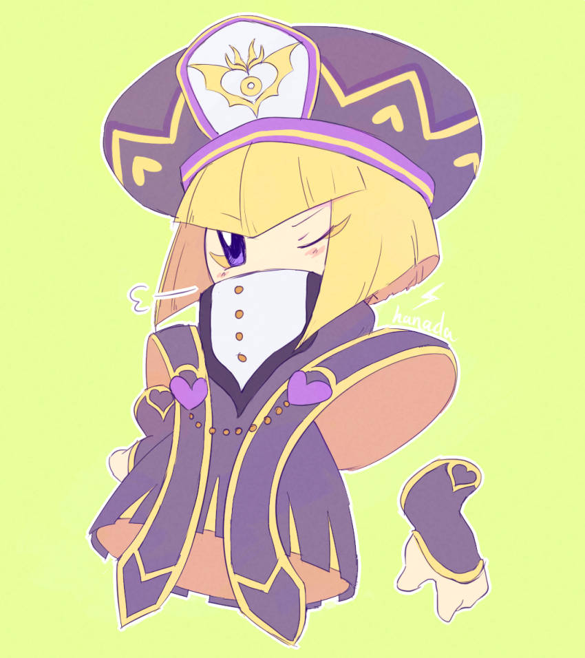 1girl 2018 blonde_hair blunt_bangs blush breath gauntlets green_background hanada_(cobalt003) hat highres kirby_star_allies kirby_(series) military military_hat military_uniform nintendo one_eye_closed purple_eyes solo zan_partizanne
