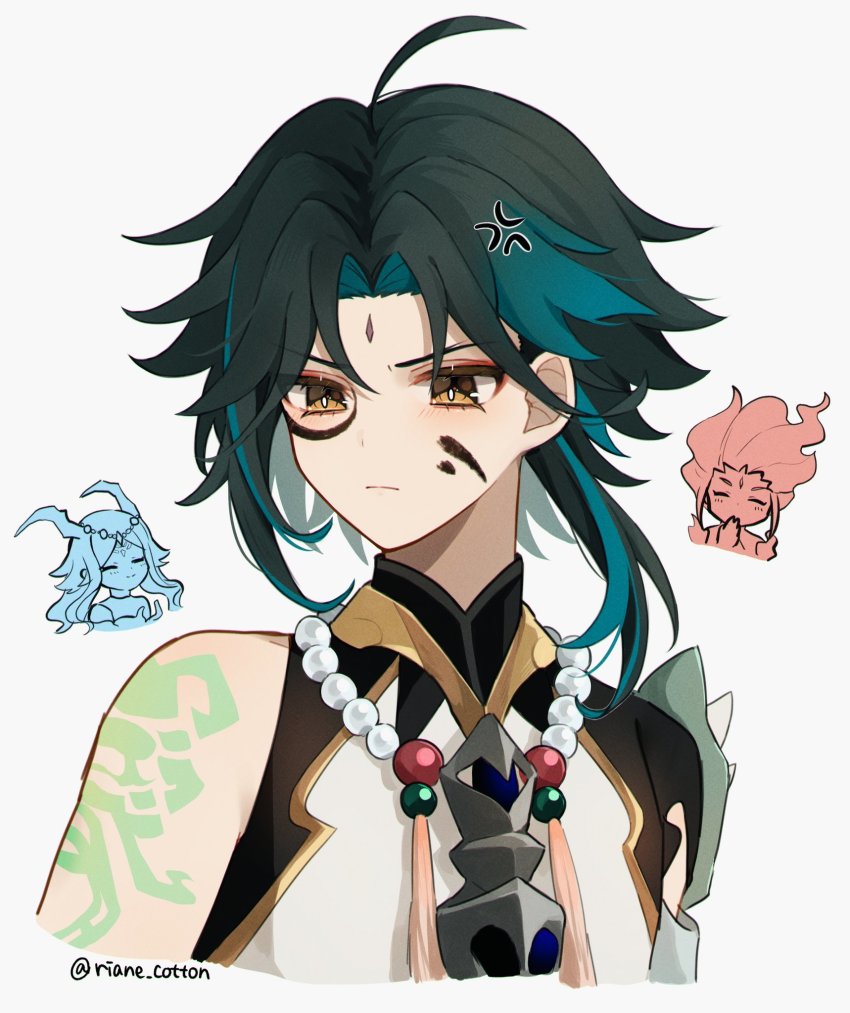 1boy ahoge anger_vein arm_tattoo armor asymmetrical_clothes bead_necklace beads body_writing bonanus_(genshin_impact) closed_eyes commentary_request eyeshadow facial_mark forehead_mark genshin_impact green_hair highres indarias_(genshin_impact) jewelry makeup male_focus multicolored_hair necklace parted_bangs red_eyeshadow riane_cotton shoulder_armor shoulder_pads sidelocks smile solo_focus tattoo two-tone_hair xiao_(genshin_impact) yellow_eyes