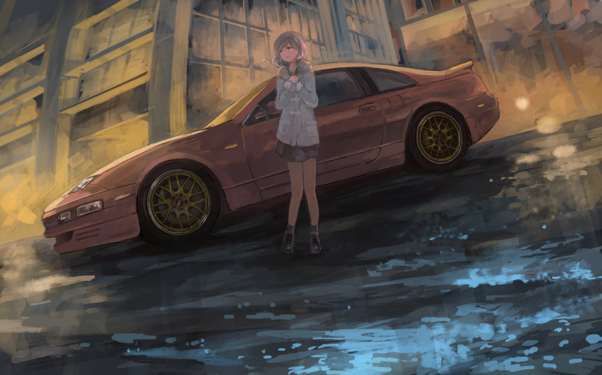 1girl black_footwear black_skirt black_socks blue_eyes brown_hair car earrings grey_jacket hair_behind_ear highres jacket jewelry miniskirt momo_hiki motor_vehicle nissan_300zx nissan_300zx_(z32) nissan_fairlady_z original personification short_hair skirt socks sports_car vehicle_and_personification vehicle_focus