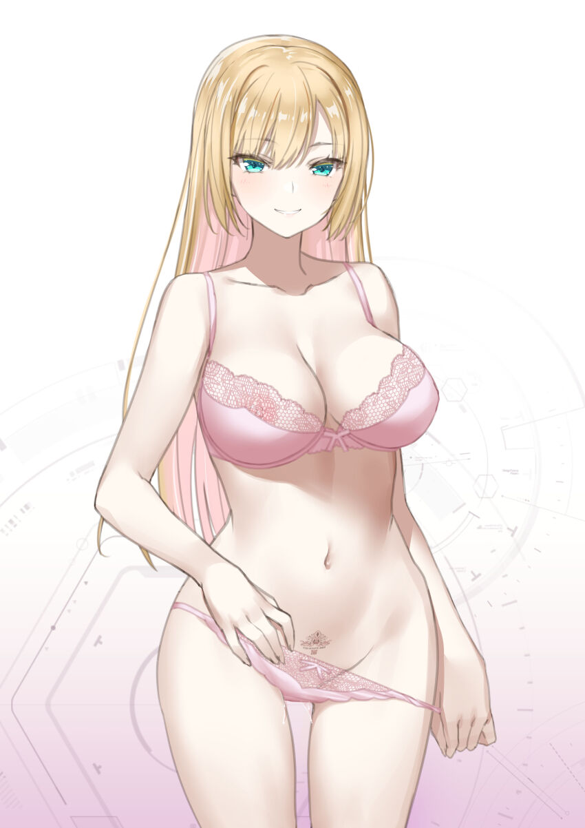 1girl absurdres bare_arms bare_shoulders blonde_hair blue_eyes body_(bacoborn) bow bow_bra bow_panties bra breasts cleavage collarbone gradient_background groin hair_between_eyes hand_up highres looking_at_viewer medium_breasts multicolored_hair navel original panties panty_pull pink_background pink_bra pink_hair pink_panties pulling_own_clothes smile solo suggestive_fluid two-tone_hair underwear underwear_only white_background