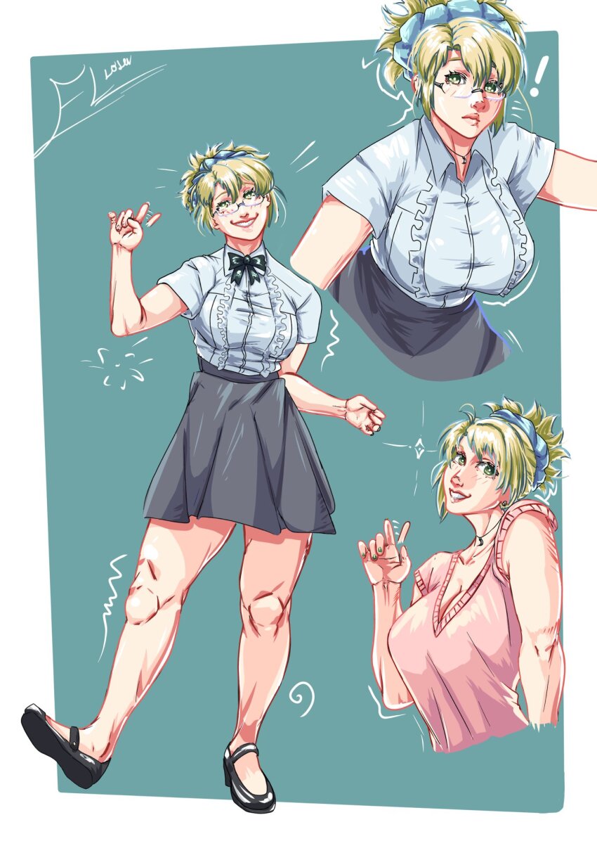 ! 1girl bare_shoulders black_bow black_bowtie black_footwear black_skirt blonde_hair boku_to_misaki-sensei bow bowtie breasts bright_pupils cleavage elloser2 female_focus finger_up fingernails frills full_body glasses green_background green_eyes green_nails highres large_breasts leaning_forward legs misaki-sensei multiple_views nail_polish pink_shirt shiny_clothes shiny_skin shirt short_hair short_sleeves skirt standing thick_thighs thighs white_pupils white_shirt