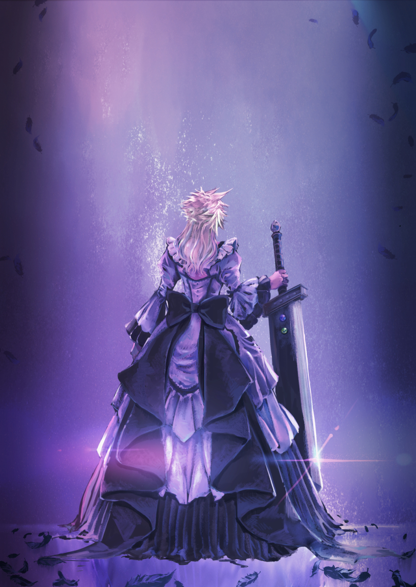 1boy back_bow black_feathers blonde_hair bow buster_sword cloud_strife cloud_strife_(ball_gown) crossdressing crossdressing_(mtf) dress facing_away falling_feathers feathers final_fantasy final_fantasy_vii final_fantasy_vii_remake frilled_dress frills full_body highres holding holding_sword holding_weapon huge_weapon long_dress long_hair long_sleeves male_focus materia official_alternate_costume purple_dress saki_(hxaxcxk) solo sparkle spiked_hair sword wavy_hair weapon