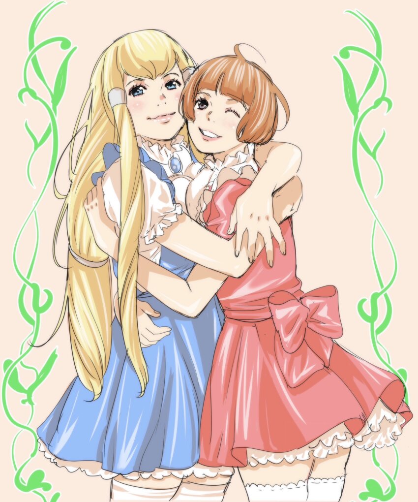 2girls asymmetrical_docking blonde_hair blue_dress blue_eyes blunt_bangs bow breast_press commentary dianna_soreil dress gundam head_tilt highres hug long_hair looking_at_viewer multiple_girls one_eye_closed parted_lips pink_bow pink_dress shirt short_hair sidelocks smile sochie_heim tamakoshi_horiyuki thighhighs turn_a_gundam very_long_hair white_shirt white_thighhighs zettai_ryouiki