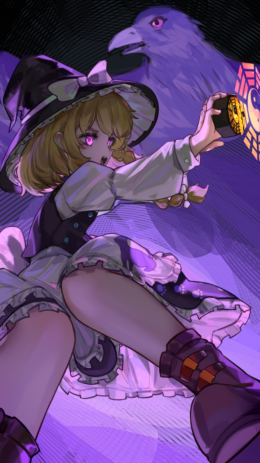 1girl absurdres apron black_skirt black_vest blonde_hair boots braid eagle_spirit_(touhou) frills from_side hair_ribbon hat highres kirisame_marisa kourou_(kouroukun) long_sleeves medium_hair mini-hakkero open_mouth possessed possession purple_eyes ribbon shirt skirt teeth touhou upper_teeth_only vest white_shirt witch_hat