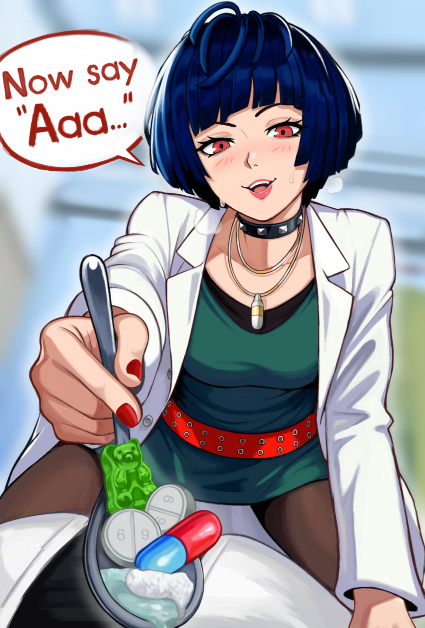 1boy 1girl apple black_choker candy choker food fruit gummy_bear highres lab_coat medicine nail_polish neggoartz persona persona_5 pill pov red_eyes red_nails spoon tagme takemi_tae