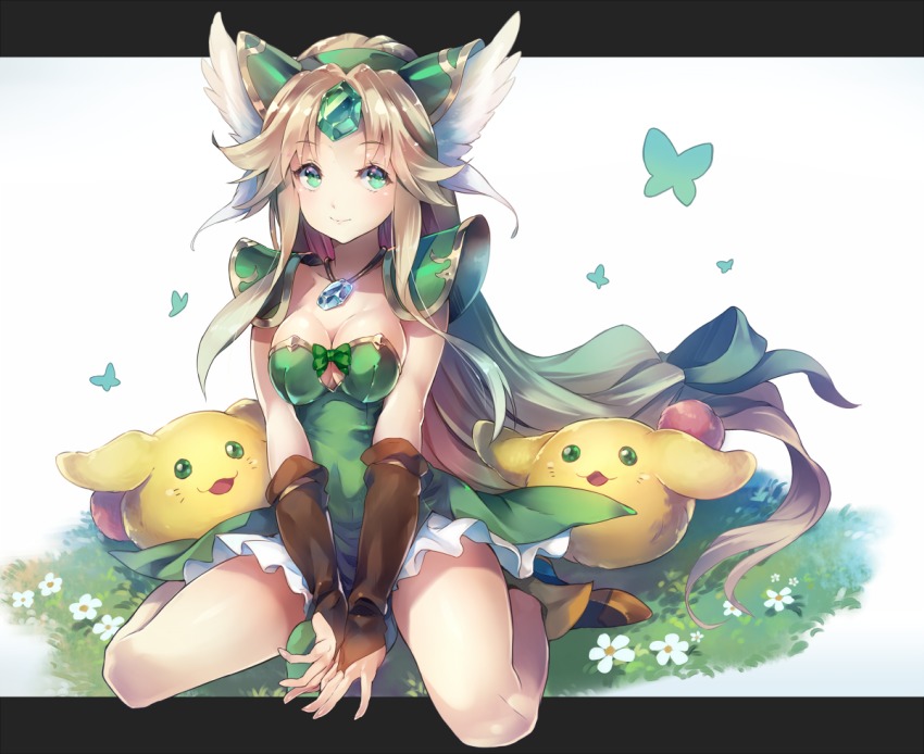 1girl blonde_hair blush breasts brown_gloves brown_hair cleavage cleavage_cutout clothing_cutout deecha elbow_gloves female_focus fingerless_gloves full_body gem gloves green_eyes jewelry large_breasts long_hair looking_at_viewer necklace rabite_(seiken_densetsu) riesz seiken_densetsu seiken_densetsu_3 seiza sitting smile solo very_long_hair