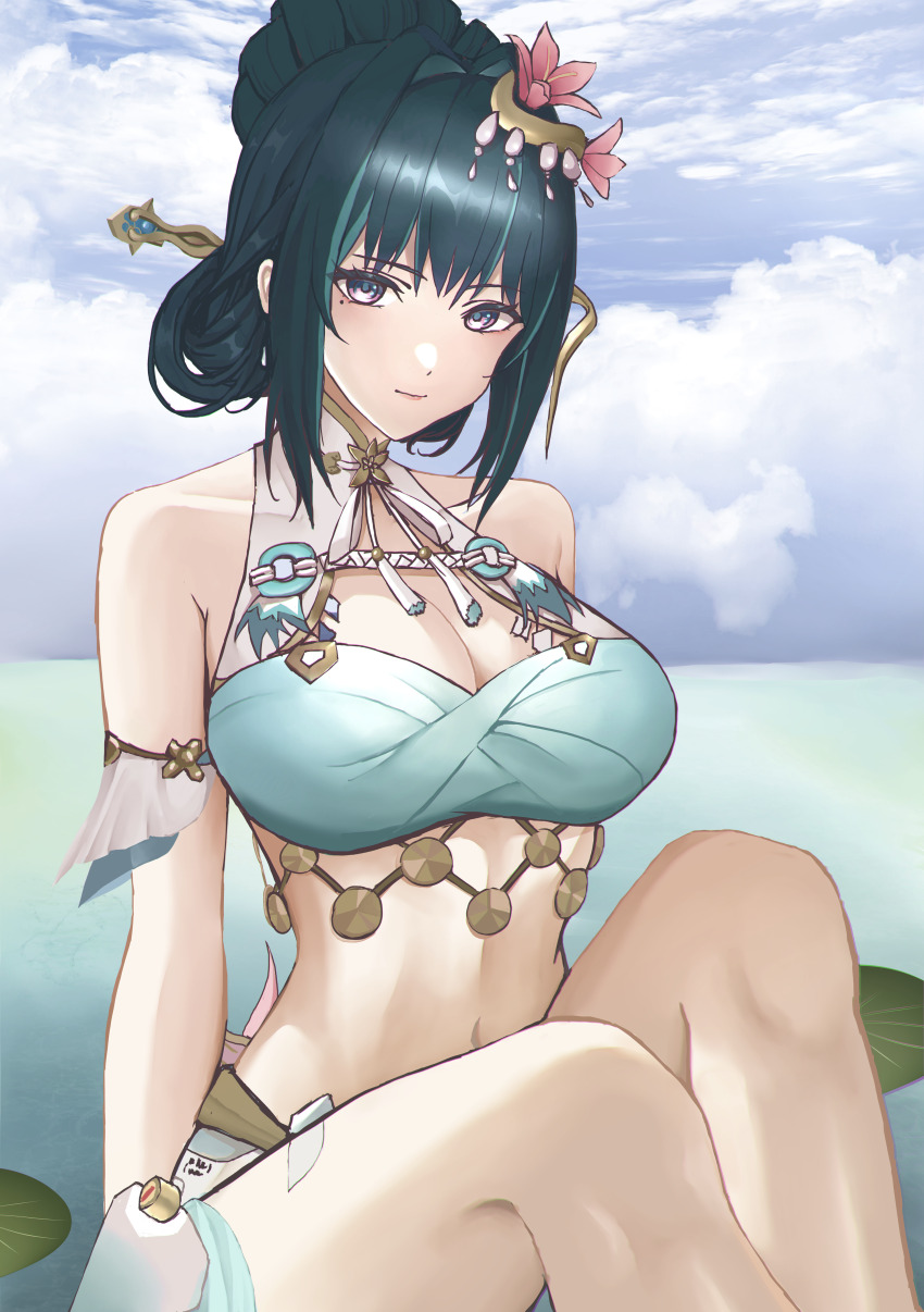 1girl absurdres alternate_costume breasts cleavage cloud cloudy_sky green_hair hair_ornament hairpin hanying:_solacetune_(pgr) hanying:_solacetune_(river_dancer)_(pgr) hanying_(pgr) highres large_breasts light_smile looking_at_viewer midriff mole mole_under_eye navel ocean official_alternate_costume punishing:_gray_raven sky smile solo swimsuit tirufing water