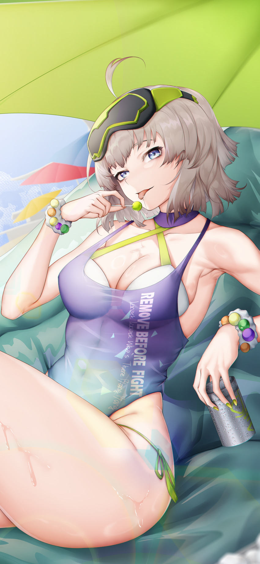 1girl aa-12_(girls&#039;_frontline) aa-12_(the_sun_never_rises)_(girls&#039;_frontline) absurdres bare_shoulders beach bikini bikini_under_clothes blue_eyes blush breasts brown_hair candy cleavage day food girls&#039;_frontline girls&#039;_frontline_2:_exilium green_nails hair_between_eyes hand_up highres holding holding_candy holding_food holding_lollipop knees_up licking_food lind_(girls&#039;_frontline_2) lollipop looking_at_viewer medium_breasts medium_hair official_alternate_costume one-piece_swimsuit outdoors side-tie_bikini_bottom sitting solo swimsuit thatob thighs tongue tongue_out wet white_bikini