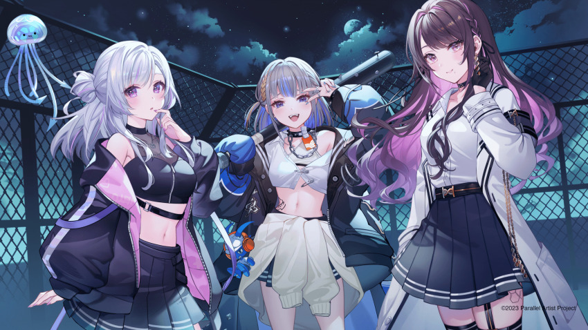 3girls :3 :d :o arm_at_side artist_request baseball_bat black_gloves black_ribbon black_shirt black_skirt black_thighhighs blue_eyes blue_hair blush braid breasts brown_hair chain-link_fence cleavage closed_mouth clothes_around_waist cloud coat collared_shirt colored_inner_hair copyright_name copyright_notice cropped_shirt double_helix earrings fence gloves grey_hair group_picture hair_bun hair_ribbon half_gloves half_moon highres holding holding_baseball_bat jacket jacket_around_waist jellyfish jewelry kinami_alice long_hair long_sleeves medium_breasts medium_hair midriff miniskirt mole mole_under_mouth moon multicolored_hair multiple_girls nail nail_(hardware) nail_bat navel night night_sky off_shoulder official_art open_mouth parallel_artist_project pink_eyes pink_hair pleated_skirt puffy_long_sleeves puffy_sleeves purple_eyes ribbon rooftop safety_pin see-through_cleavage see-through_clothes shirakasa_kurage shirt shirt_tucked_in side_braid single_side_bun skirt sky sleeveless sleeveless_shirt smile streaked_hair thighhighs two-sided_fabric two-sided_jacket v v_over_eye white_coat white_shirt yakushino_shino