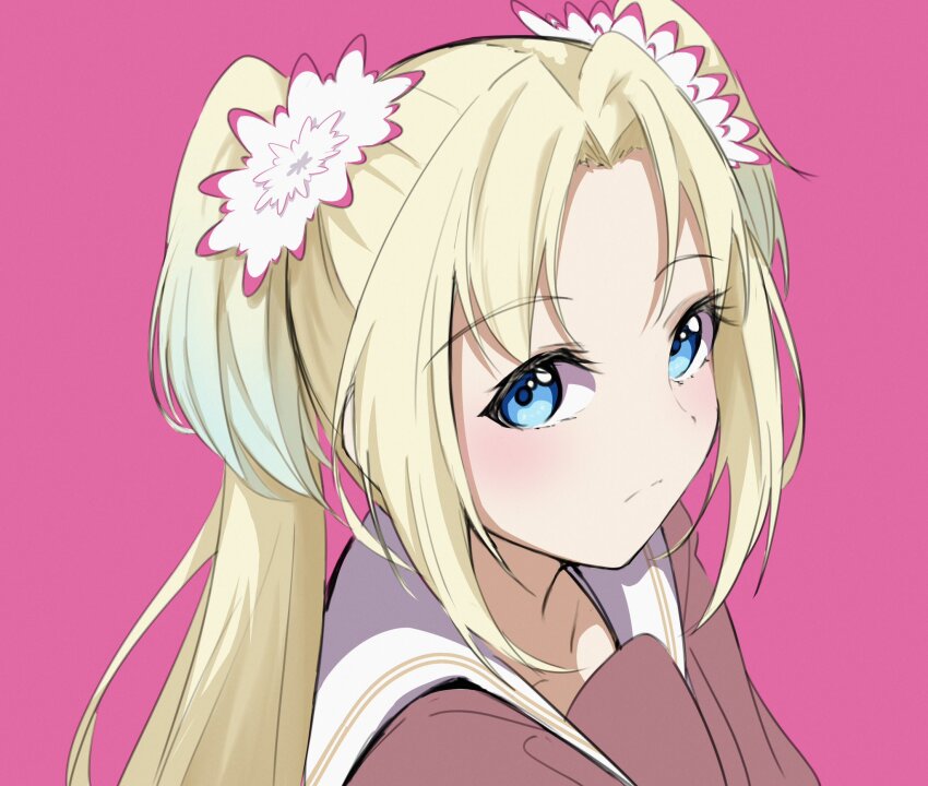 1girl blonde_hair blue_eyes blue_hair brown_dress collarbone commentary_request curtained_hair dress flower gradient_hair hair_flower hair_ornament hasu_no_sora_school_uniform highres link!_like!_love_live! looking_at_viewer love_live! multicolored_hair osawa_rurino parted_bangs pink_background pink_flower portrait sailor_collar sailor_dress school_uniform simple_background solo tomoe_(tomoe_200) twintails virtual_youtuber white_sailor_collar winter_uniform