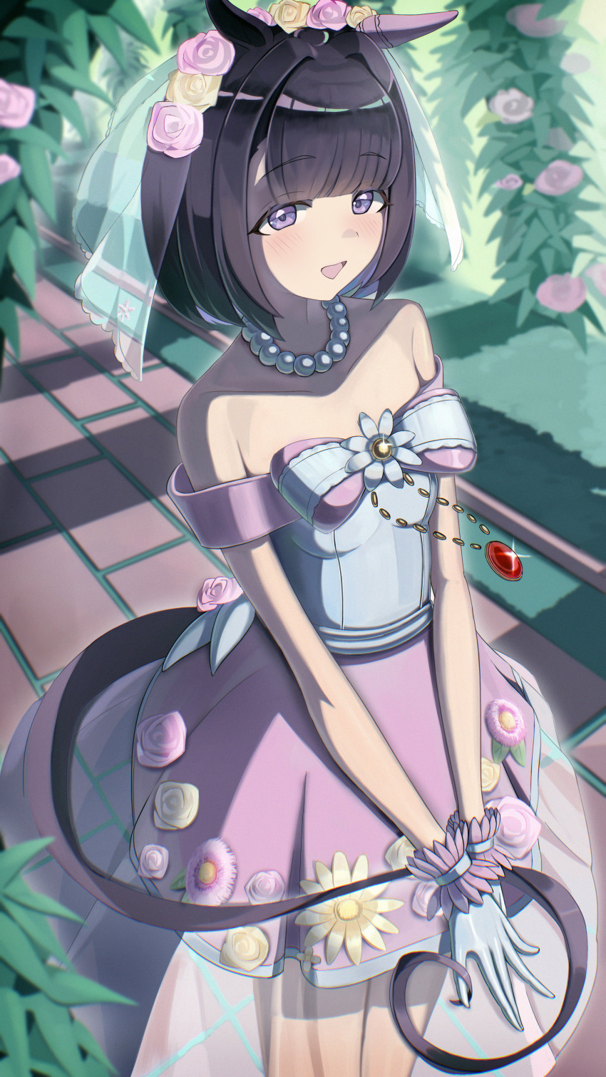 1girl absurdres animal_ears blush breasts bridal_veil chain_ma collarbone dress flower gloves hair_between_eyes hair_ornament highres horse_ears horse_girl jewelry looking_at_viewer necklace nishino_flower_(sweet_juneberry)_(umamusume) nishino_flower_(umamusume) official_alternate_costume purple_eyes small_breasts solo umamusume veil wedding_dress