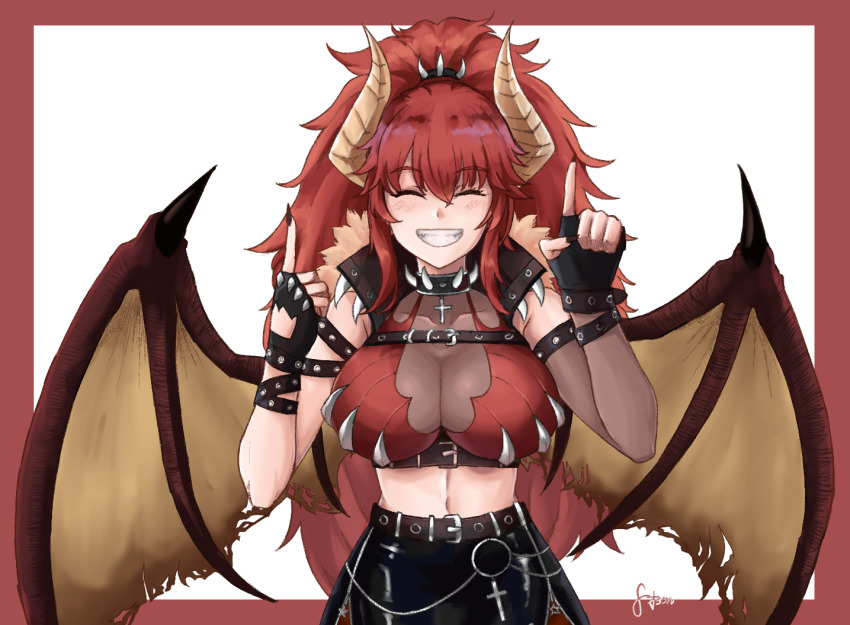 1girl breasts cleavage closed_eyes dragon_girl dragon_horns dragon_tail dragon_wings fingerless_gloves gloves horns large_breasts long_hair midriff orakuru_(oracle_art) red_hair see-through_cleavage see-through_clothes smile solo tail virtual_youtuber vshojo wings zentreya zentreya_(dragon) zentreya_(dragon)_(1st_costume)