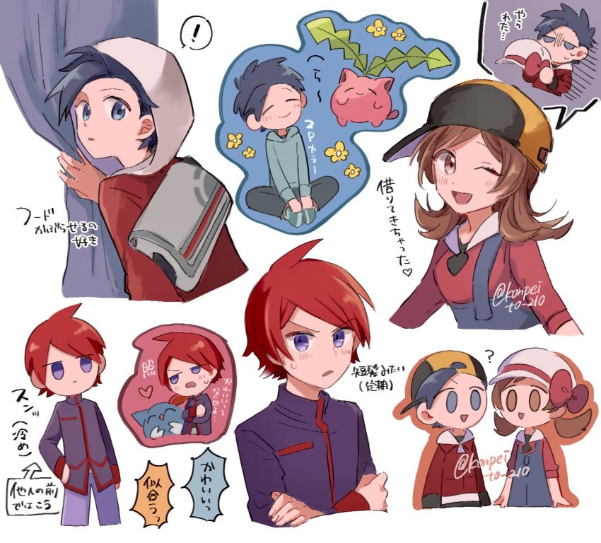 ! 1girl 2boys :&gt; ;d ? alternate_hair_length alternate_hairstyle bag baseball_cap black_hair black_hat blue_eyes blue_overalls blush bow brown_eyes brown_hair newsboy_cap commentary_request embarrassed ethan_(pokemon) gen_2_pokemon hair_down hat hat_bow highres hood hood_up hooded_jacket hoppip jacket konpei_(konpeito_210) long_sleeves lyra_(pokemon) medium_hair multiple_boys nintendo one_eye_closed open_mouth overalls pokemon pokemon_(creature) pokemon_hgss purple_eyes purple_jacket red_bow red_hair red_jacket red_ribbon red_shirt ribbon shirt short_hair sideways_hat silver_(pokemon) sleeves_rolled_up smile sneasel spoken_exclamation_mark sweatdrop translation_request turtleneck turtleneck_jacket twitter_username white_background white_hat