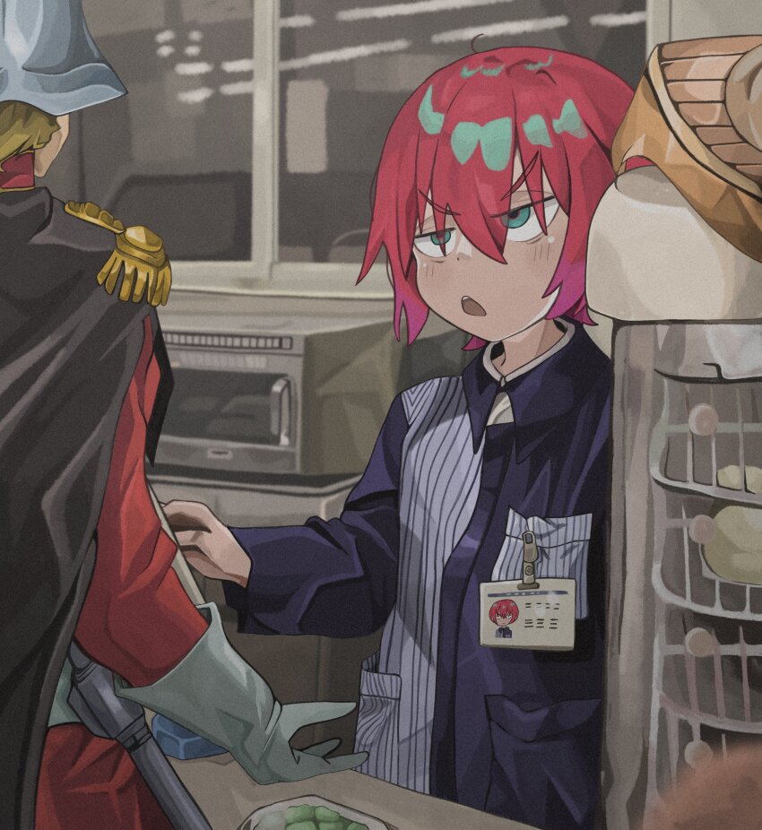 1boy 1girl absurdres amate_yuzuriha aqua_eyes belt blonde_hair cash_register cashier char_aznable convenience_store counter employee_uniform familymart gloves gundam gundam_gquuuuuux helmet highres lawson long_sleeves microwave military military_uniform naaga_sonomono name_tag open_mouth red_hair science_fiction shirt shop short_hair striped_clothes upper_body vertical-striped_clothes zeon