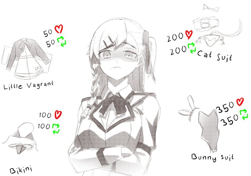 1girl animal_costume animal_ears arms_under_breasts bikini bow braid cat_costume collared_shirt commentary cropped_torso disgust english_commentary english_text fake_animal_ears girls&#039;_frontline hair_ornament hairclip leotard long_hair long_sleeves looking_at_viewer negev_(girls&#039;_frontline) one_side_up pakdeus parted_lips partially_colored playboy_bunny shirt simple_background skirt solo swimsuit twitter_strip_game white_background