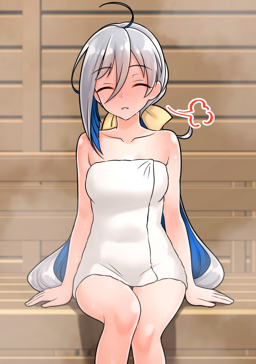 1girl absurdres ahoge bow breasts closed_eyes collarbone commentary_request facing_viewer furaggu_(frag_0416) grey_hair hair_between_eyes hair_bow highres kantai_collection kiyoshimo_(kancolle) legs long_hair low_twintails naked_towel sauna sitting solo thighs towel twintails variant_set wooden_wall yellow_bow