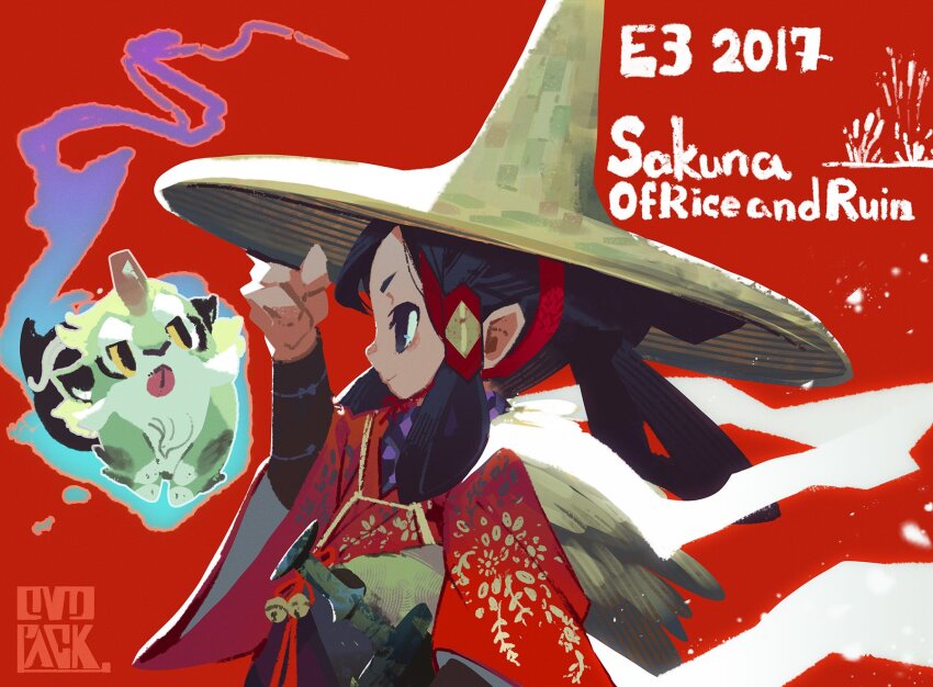 1girl black_eyes black_hair hat highres japanese_clothes kimono komainu long_hair murayama_ryota profile red_background red_kimono rice_hat sakuna-hime tama-jii tensui_no_sakuna-hime upper_body