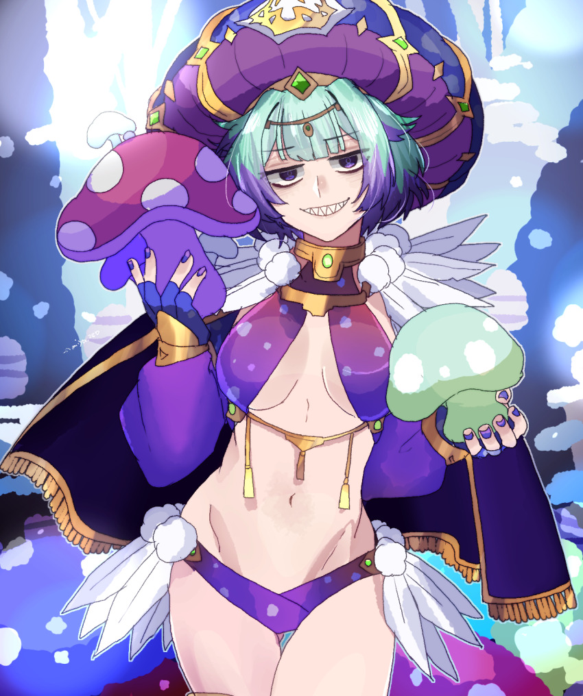 1girl bikini breasts capelet detached_sleeves fate/grand_order fate_(series) feathers green_hair grin hat highres locusta_(fate) locusta_(third_ascension)_(fate) looking_at_viewer miya_28o multicolored_hair navel purple_bikini purple_capelet purple_eyes purple_hair purple_hat sharp_teeth short_hair small_breasts smile solo swimsuit teeth two-tone_hair