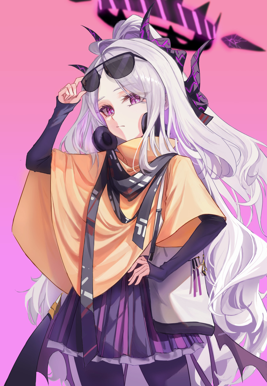 1girl absurdres ahoge bag blue_archive demon_girl demon_horns demon_wings eyewear_on_head headphones highres hina_(blue_archive) holding holding_bag horns long_hair looking_at_viewer purple_eyes sdrangers solo standing tagme white_hair wings