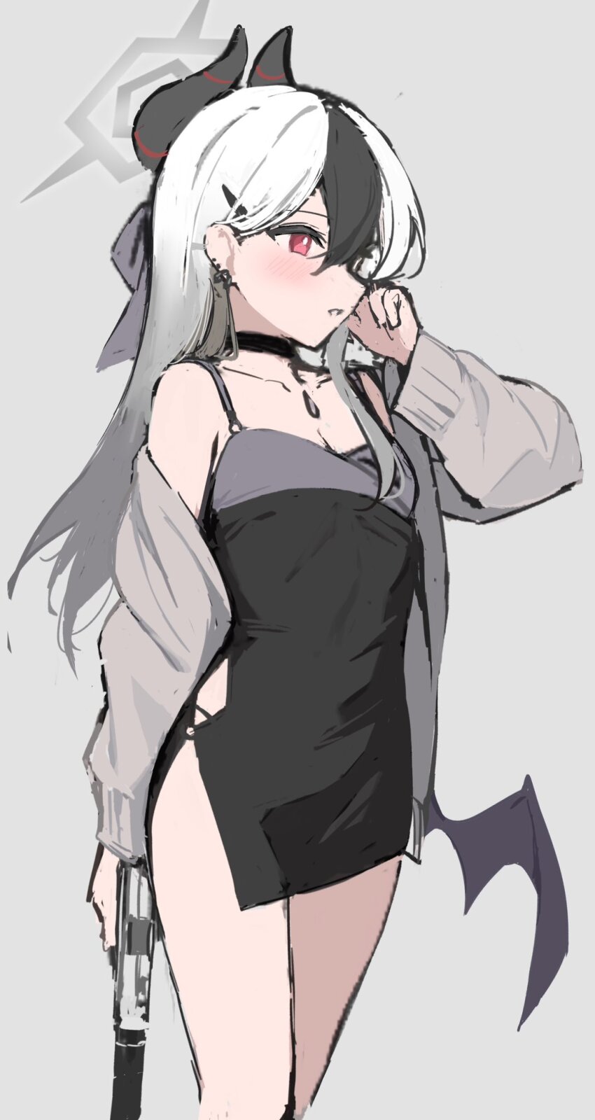 1girl black_choker black_dress black_hair black_horns black_wings blue_archive blush breasts choker collarbone cowboy_shot demon_horns demon_wings dress grey_hair grey_halo grey_jacket gun hair_between_eyes halo highres holding holding_gun holding_weapon horns jacket kayoko_(blue_archive) kayoko_(dress)_(blue_archive) long_hair long_sleeves multicolored_hair official_alternate_costume open_clothes open_jacket parted_lips red_eyes s.w single_wing small_breasts solo weapon wings