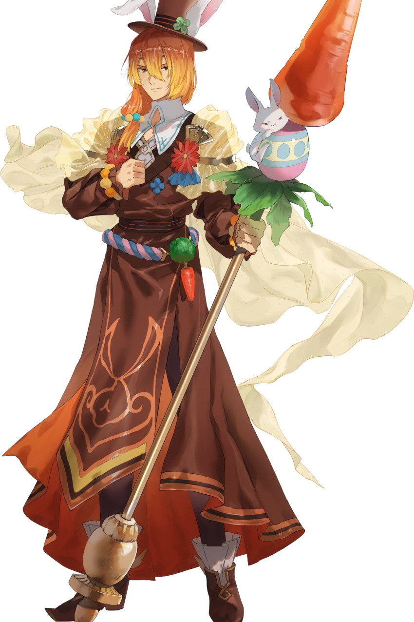 1boy animal_ears brown_eyes circlet fake_animal_ears fire_emblem fire_emblem_echoes:_shadows_of_valentia fire_emblem_heroes full_body hat hat_with_ears highres holding holding_polearm holding_weapon long_hair low-tied_long_hair luthier_(fire_emblem) luthier_(spring)_(fire_emblem) male_focus mayo_(becky2006) nintendo non-web_source official_art orange_hair pointy_footwear polearm rabbit_ears solo transparent_background weapon