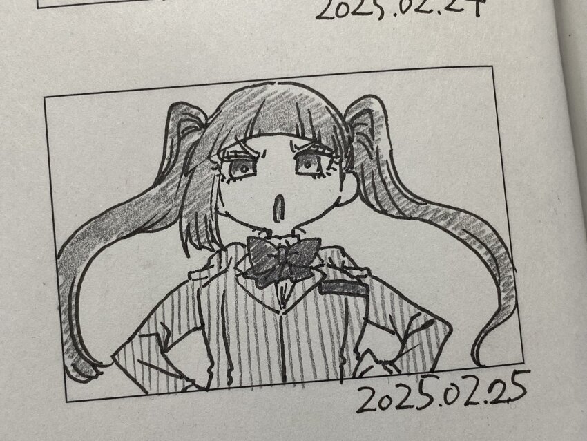 1girl 2025 :o alternate_breast_size bleach breasts chibi dated dokugamine_riruka fingernails hands_on_own_hips hanya_(hanya_yashiki) highres long_hair looking_at_viewer monochrome photo_(medium) school_uniform simple_background solo traditional_media tsundere twintails very_long_hair white_background