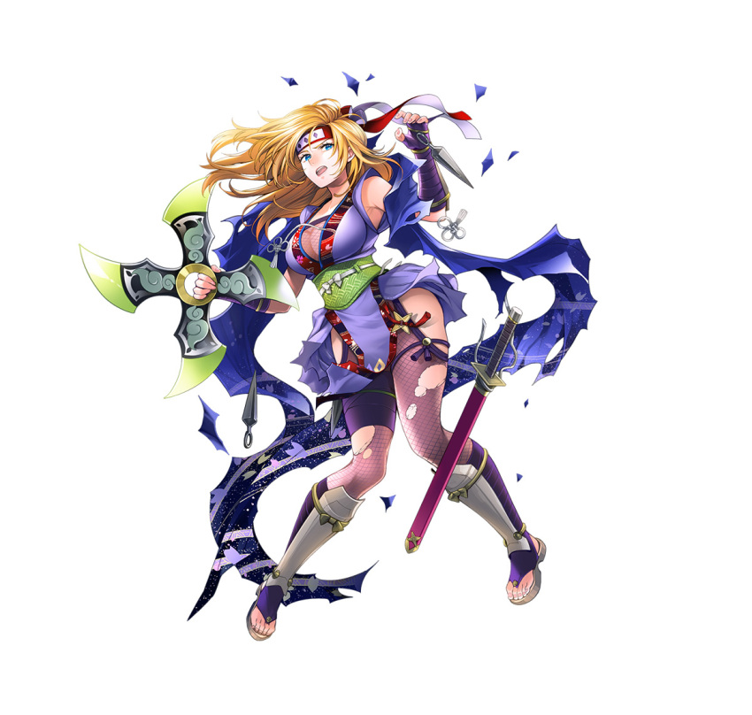 1girl blonde_hair blue_eyes breasts cleavage fire_emblem fire_emblem:_radiant_dawn fire_emblem_heroes full_body headband heather_(fire_emblem) heather_(ninja)_(fire_emblem) holding holding_shuriken holding_weapon large_breasts ninja nintendo official_art open_mouth red_headband sandals shuriken torn_clothes toyota_saori weapon zouri