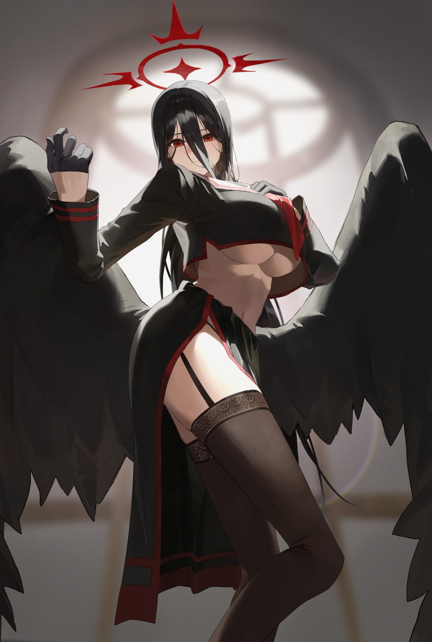 1girl absurdres black_garter_straps black_gloves black_hair black_shirt black_skirt black_thighhighs black_wings blue_archive breasts closed_mouth cropped_shirt feathered_wings garter_straps gloves hair_between_eyes hand_on_own_chest hasumi_(blue_archive) highres long_bangs long_hair looking_at_viewer navel necktie red_eyes red_necktie rinchen_garun sailor_collar shirt sidelocks skirt solo stomach thighhighs underboob white_sailor_collar wings