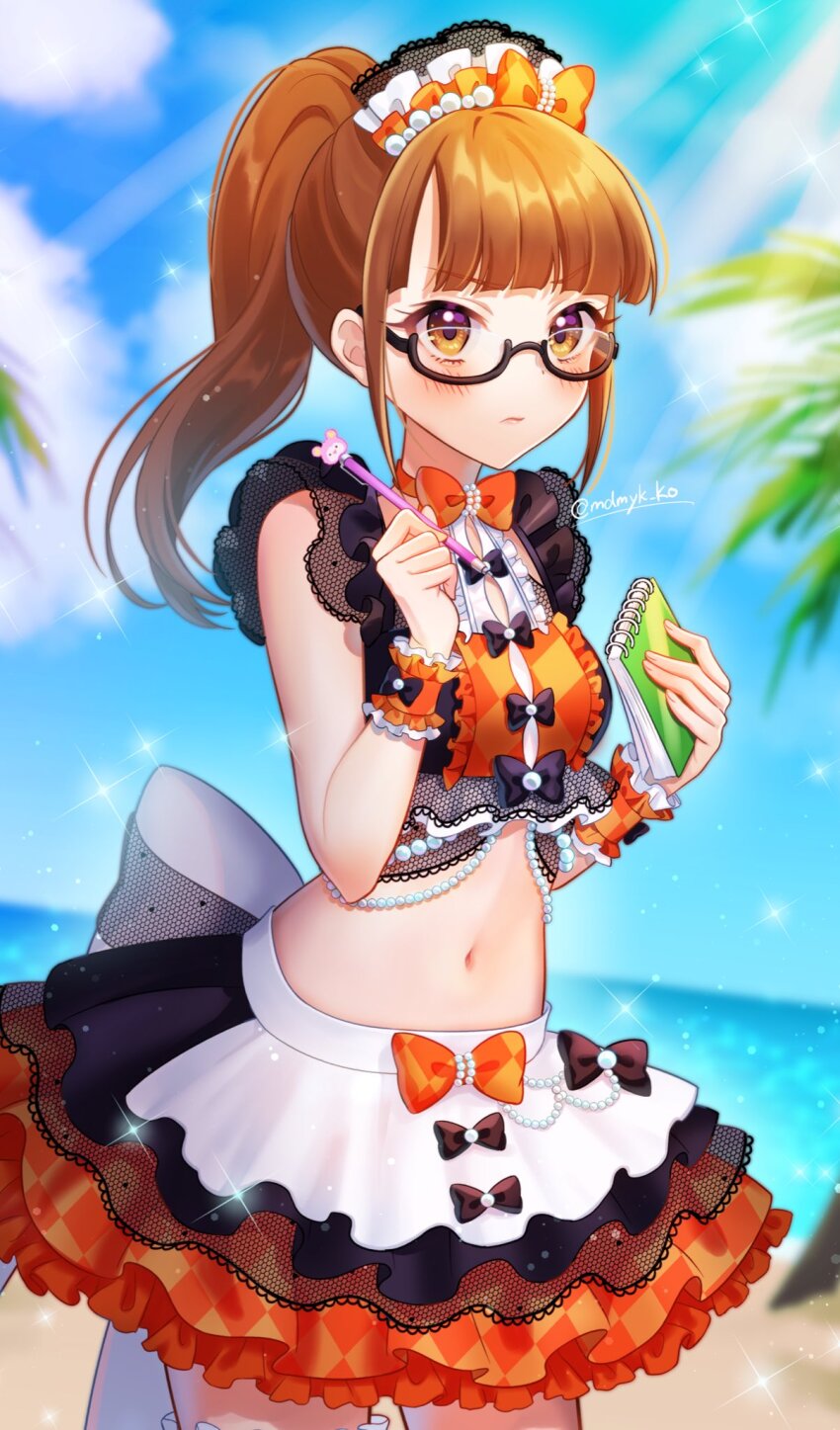 1girl back_bow beach bikini bikini_skirt black-framed_eyewear black_bikini black_bow blue_sky blunt_bangs blush bow breasts brown_eyes brown_hair cloud cowboy_shot day frilled_bikini frilled_cuffs frilled_skirt frills glasses hands_up highres holding holding_notebook holding_pen kuma_(pripara) large_bow long_hair looking_at_viewer maid maid_headdress medium_breasts mendamen minami_mirei minami_mirei_(normal) navel notebook ocean orange_bow outdoors pen ponytail pretty_series pripara semi-rimless_eyewear sidelocks skirt sky solo standing summer_maid_coord swimsuit twitter_username unconventional_maid under-rim_eyewear wrist_cuffs