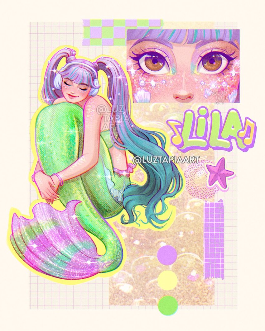 1girl aqua_hair artist_name brown_eyes character_name closed_eyes english_text gradient_hair highres lila_(luztapiaart) long_hair luztapiaart mermaid monster_girl multicolored_hair multiple_views original purple_hair twintails two-tone_hair watermark