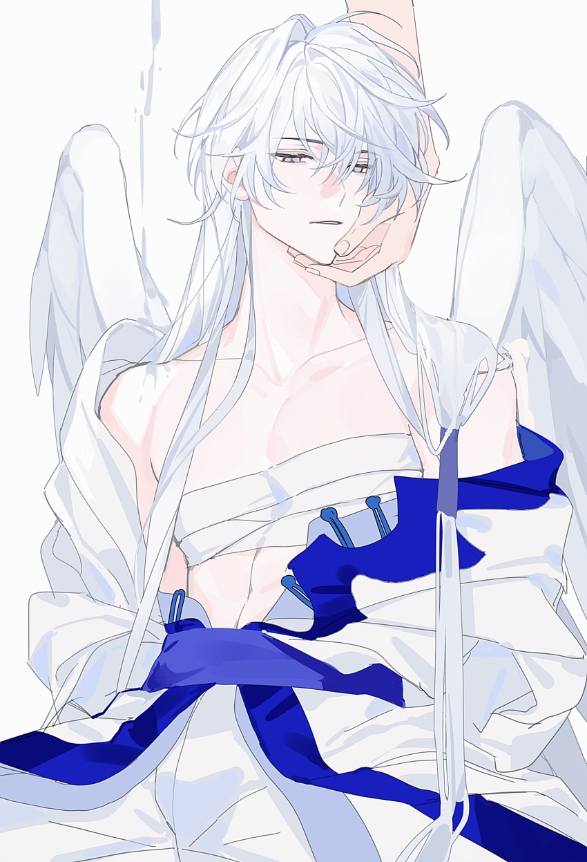 1boy absurdres angel_wings bandaged_chest blue_sash cardcaptor_sakura chest_sarashi collarbone commentary cowboy_shot expressionless feathered_wings grey_eyes hair_over_shoulder hair_tubes hand_on_another&#039;s_chin highres kayu_(yukagoin) long_hair long_sleeves looking_at_viewer male_focus off_shoulder open_clothes open_robe out_of_frame pants parted_lips robe sarashi sash sideways_glance simple_background sitting solo symbol-only_commentary white_background white_hair white_pants white_robe white_wings wings yue_(cardcaptor_sakura)