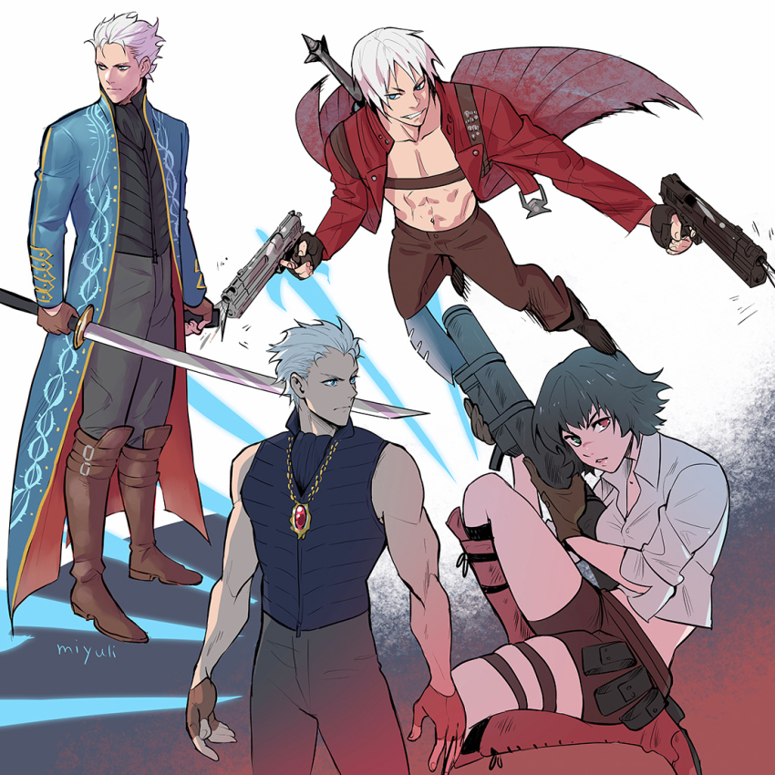 1girl 2boys artist_name bike_shorts black_hair blue_coat blue_eyes boots brown_boots brown_gloves coat dante_(devil_may_cry) devil_may_cry devil_may_cry_(series) devil_may_cry_3 ebony_&amp;_ivory fingerless_gloves gloves green_eyes gun heterochromia holding holding_gun holding_rocket_launcher holding_sword holding_weapon kalina_ann_(weapon) lady_(devil_may_cry) midriff miyuli multiple_boys multiple_views red_coat red_eyes rocket_launcher shirt sleeveless sleeveless_shirt sword sword_on_back vergil_(devil_may_cry) weapon weapon_on_back white_hair yamato_(sword)