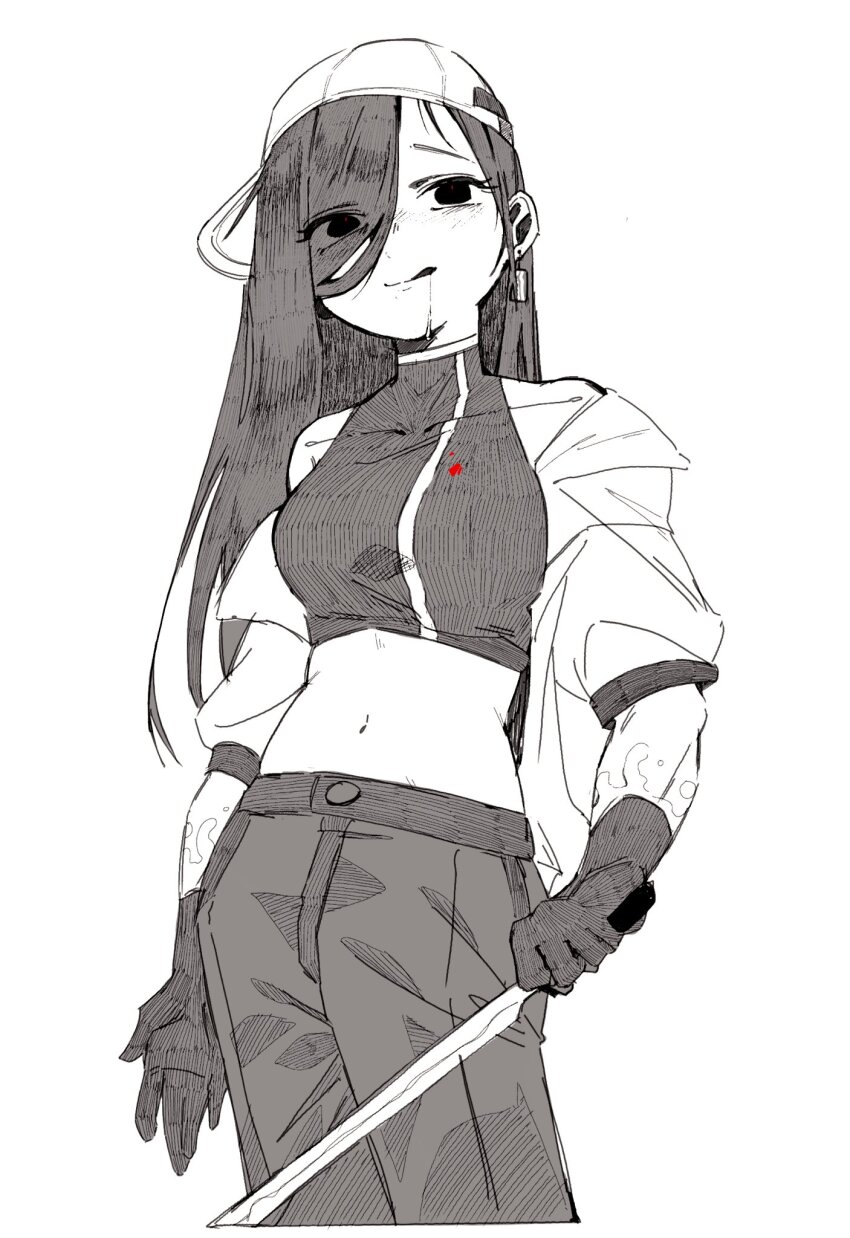 1girl backwards_hat baseball_cap black_shirt blood blood_on_clothes breasts butcher_vanity_(synthesizer_v) buttons crop_top cropped_legs drooling earrings empty_eyes eyes_visible_through_hair food-themed_earrings gloves greyscale hashtag-only_commentary hat hatching_(texture) highres holding holding_sword holding_weapon jacket jewelry long_hair medium_breasts monochrome navel nuonunoo open_clothes open_jacket pants shirt simple_background solo spot_color sword synthesizer_v tongue weapon yi_xi_(synthesizer_v)