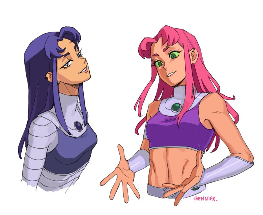 2girls artist_name bare_shoulders blackfire breasts colored_sclera commentary cropped_torso dc_comics ear_piercing english_commentary genniax green_eyes green_sclera grin highres looking_at_viewer medium_breasts multiple_girls navel outstretched_hand piercing purple_eyes purple_hair red_hair siblings simple_background sisters smile starfire teen_titans teeth white_background