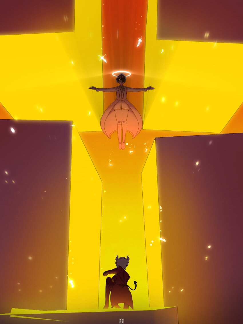 2girls archangel_(helltaker) beelzebub_(helltaker) building debris destruction explosion fire floating glowing glowing_eyes grin halo hanz_geijutsu helltaker helltaker_(character) highres jujutsu_kaisen kneeling molten_metal multiple_girls smile t-pose