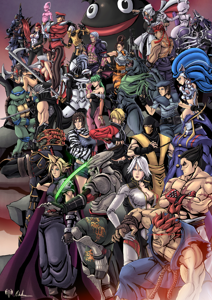 6+boys 6+girls akuma_(street_fighter) alien alien_(series) alien_vs._predator animal arc_system_works armor assassin&#039;s_creed assassin&#039;s_creed_(series) belt black_hair blade blazblue blonde_hair blue_eyes blue_hair bra breasts brown_eyes brown_hair capcom carol_(skullgirls) castlevania_(series) christie_(doa) claws cleavage closed_eyes cloud_strife cornell creatures_(company) crimson_viper crossover cyrax_(mortal_kombat) dark_skin darkstalkers dead_or_alive demon dissidia_012_final_fantasy dissidia_final_fantasy dragon_ball dragonball_z epic eternal_champions evil_ryu ezio_auditore_da_firenze fatal_fury felicia_(darkstalkers) fernandez final_fantasy fingerless_gloves game_freak ganondorf gen_1_pokemon gloves glowing glowing_eyes green_eyes green_hair bad_tag bad_tag gun hakumen hand_fan hat headband highres hood huge_breasts jacket jedah jill_valentine killer_instinct konami large_breasts legendary_pokemon leonardo_(tmnt) linn_kurosawa lips long_hair m._bison majin_buu mask mewtwo michelle_chang midknight mishima_kazuya morrigan_aensland mortal_kombat_(series) multiple_boys multiple_girls namco nightmare_(soulcalibur) ninja_gaiden nintendo nose open_mouth painwheel_(skullgirls) pants pokemon pokemon_(creature) predator_(series) purple_eyes rareware red_eyes red_hair resident_evil rock_howard ryu_(street_fighter) ryu_hayabusa sabrewulf scar scarf scorpion_(mortal_kombat) shiranui_mai short_hair short_shorts shorts skullgirls snk soul_calibur square_enix standing street_fighter super_smash_bros. sword tecmo teenage_mutant_ninja_turtles tekken the_king_of_fighters the_legend_of_zelda underwear waku_waku_7 weapon werewolf white_eyes white_hair yellow_eyes yoshimitsu_(namco)