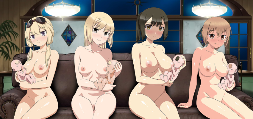 4girls baby blonde_hair blue_eyes blush breastfeeding breasts brown_eyes brown_hair carla_j._luksic closed_mouth couch geena_preddy goggles goggles_on_head highres indoors jennifer_j_deblanc large_breasts long_hair looking_at_viewer marian_e._carl mother_and_child multiple_girls nipples noble_witches nude on_couch ponytail smile toddler twintails wicchii world_witches_series