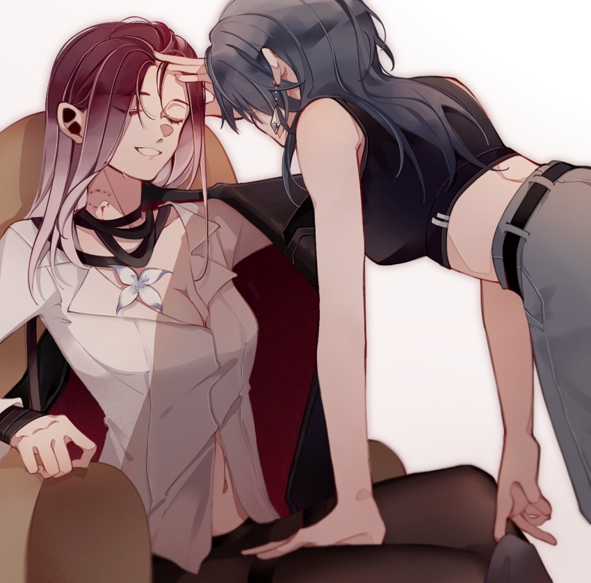 2girls black_hair black_shirt black_thighhighs breasts chief_(path_to_nowhere) cleavage closed_eyes commentary earrings english_commentary female_chief_(path_to_nowhere) gradient_hair grey_pants grin hand_on_another&#039;s_thigh highres jewelry long_hair medium_breasts midriff multicolored_hair multiple_girls navel pants par_sato path_to_nowhere purple_hair shalom_(path_to_nowhere) shirt simple_background sleeveless sleeveless_shirt smile sweat thighhighs undressing_another white_background white_hair white_shirt yuri