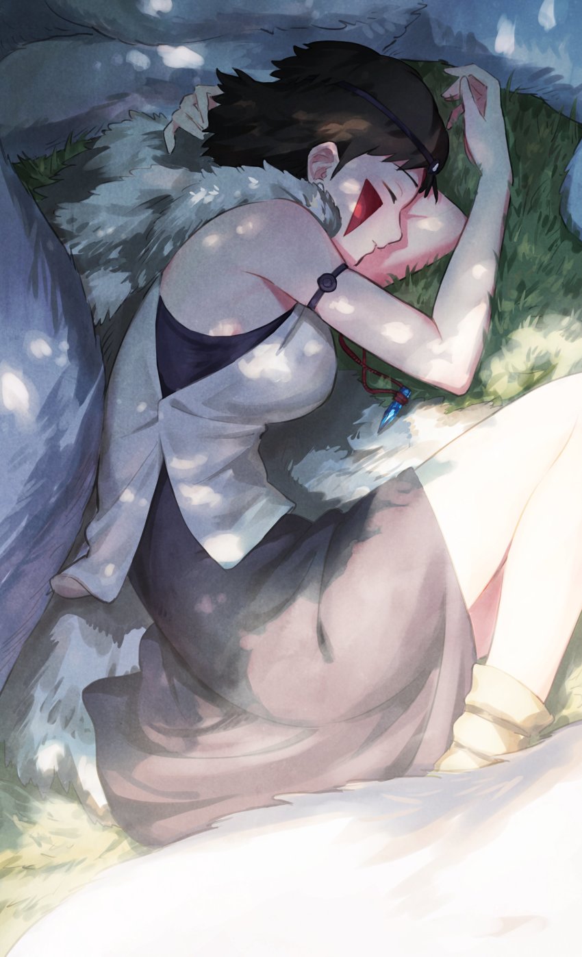1girl absurdres black_dress breasts brown_hair dress facepaint fur_scarf grass hair_behind_ear highres lying medium_breasts mononoke_hime moro_no_ichizoku nemoto_yuuma on_side open_hand san_(mononoke_hime) short_hair sleeping solo wolf