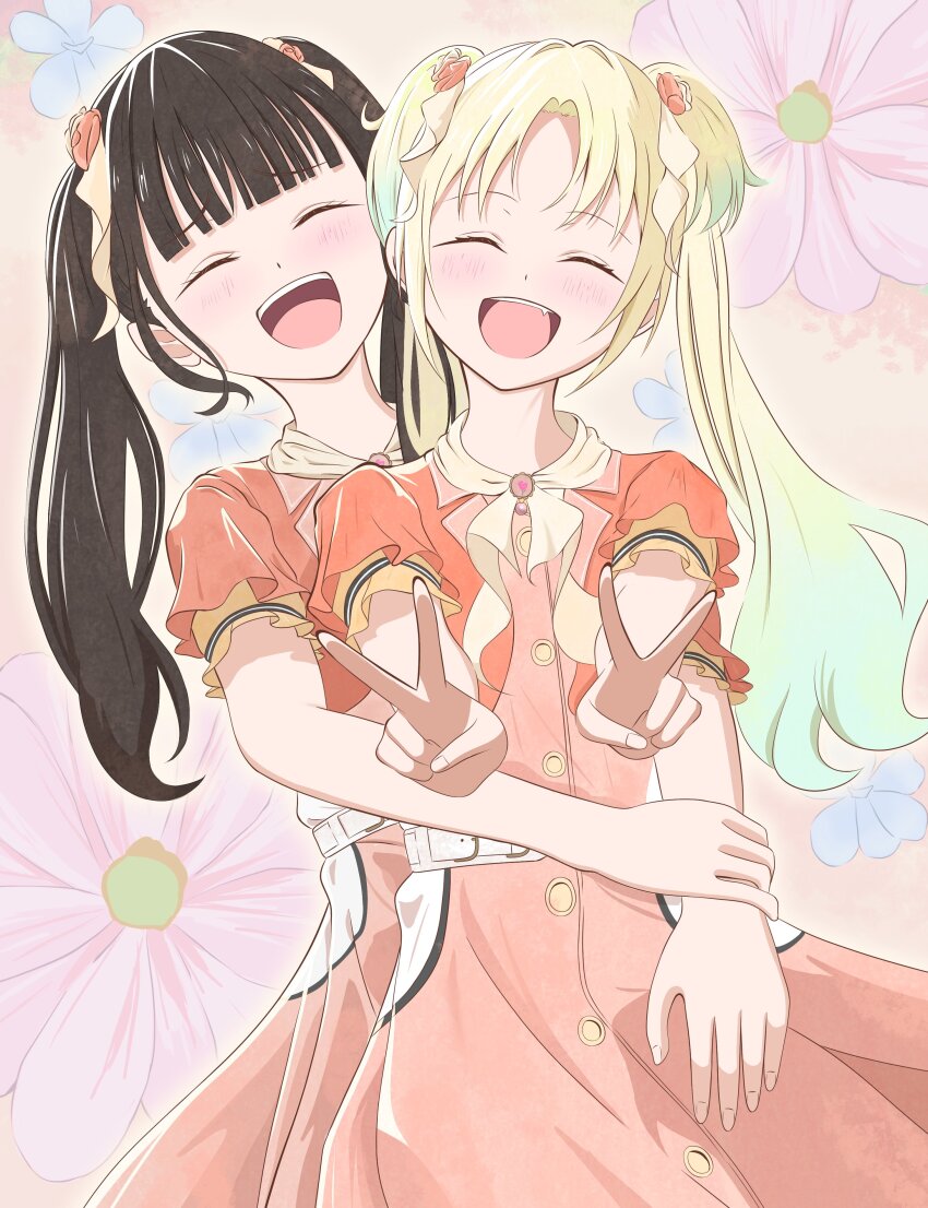 2girls :d ^_^ absurdres animification aqua_hair black_hair blonde_hair bloom_the_smile_bloom_the_dream! blunt_bangs closed_eyes commentary double_v dress fang floral_background flower gradient_hair highres hug hug_from_behind jacket kan_kanna link!_like!_love_live! long_hair love_live! morio_(mmorio_mu) multicolored_hair multiple_girls neckerchief official_alternate_costume open_clothes open_jacket open_mouth orange_background orange_dress orange_jacket osawa_rurino parted_bangs pink_flower real_life short-sleeved_jacket short_sleeves smile teeth twintails upper_teeth_only v virtual_youtuber voice_actor voice_actor_connection yellow_neckerchief