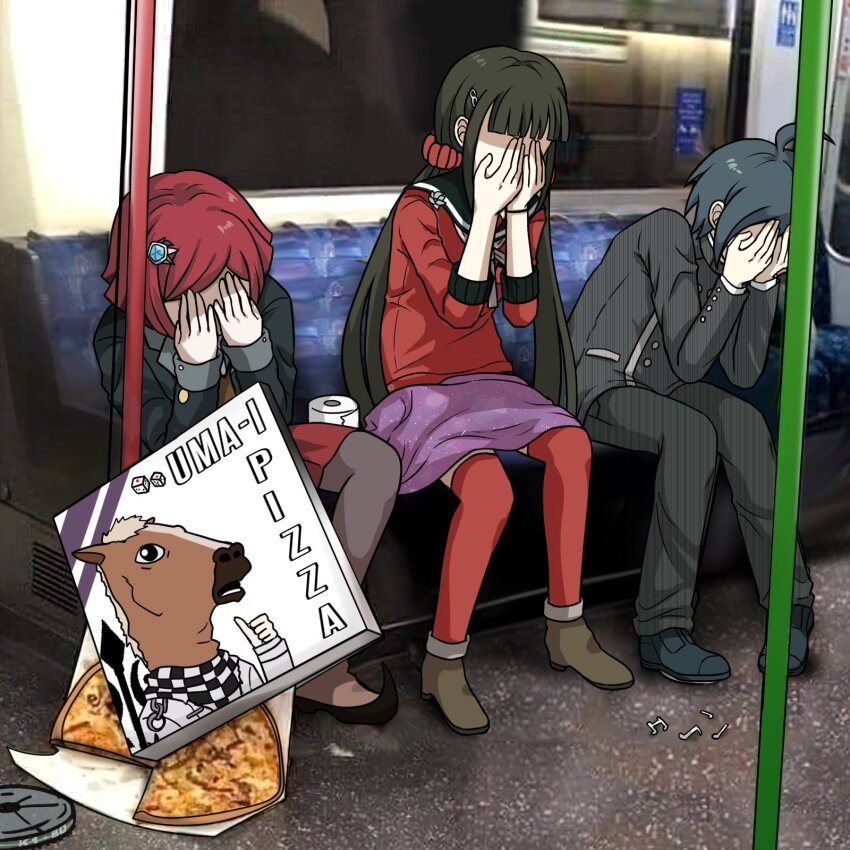 1boy 2girls black_hair black_jacket blunt_bangs brown_hair danganronpa_(series) danganronpa_v3:_killing_harmony fresh_pizza_girl_meets_raven_girl_(meme) hair_ornament hair_scrunchie harukawa_maki highres jacket kmnm_1403 long_hair long_sleeves low_twintails meme multiple_girls oma_kokichi pantyhose pleated_skirt red_hair red_scrunchie red_shirt saihara_shuichi sailor_collar school_uniform scrunchie shirt short_hair skirt twintails yumeno_himiko