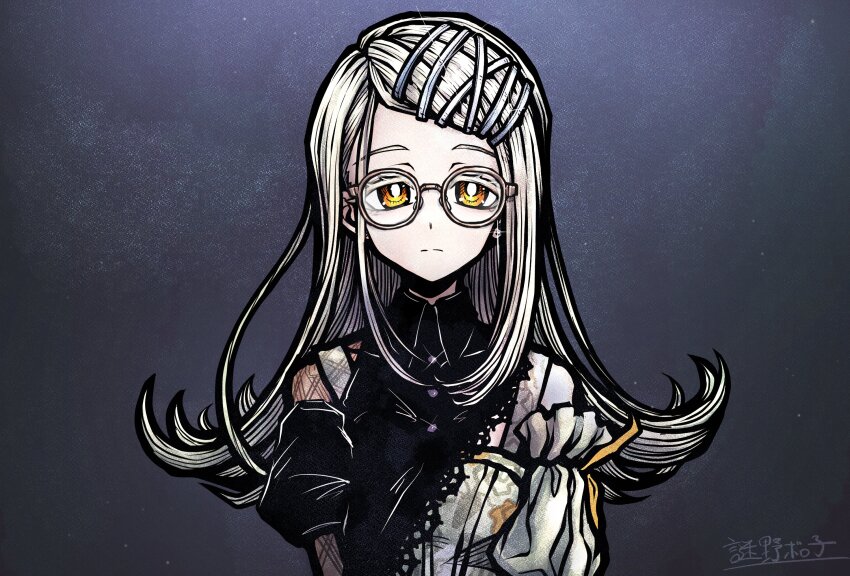 1girl bright_pupils commentary_request contrast_(idolmaster) dress expressionless flat_chest gakuen_idolmaster glasses highres idolmaster long_hair looking_at_viewer nazo_no_diaboro orange_eyes round_eyewear shinosawa_hiro solo upper_body white_hair white_pupils