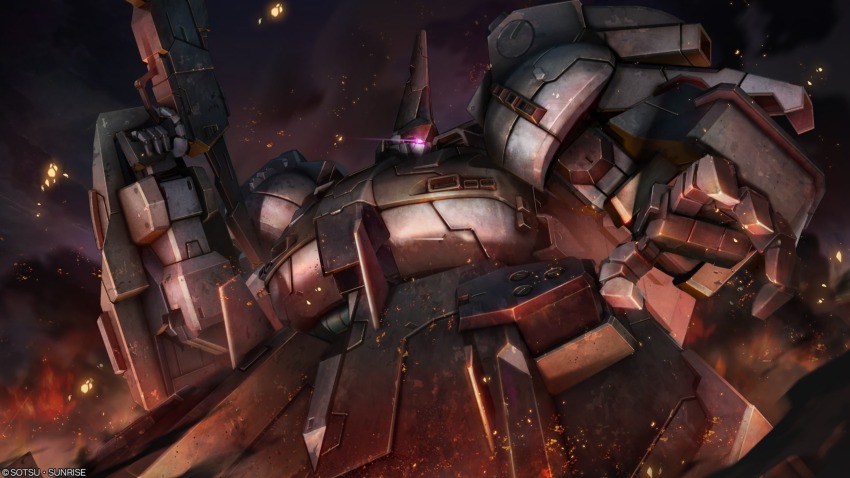 absurdres beam_rifle cloud company_name copyright_notice debris energy_gun glowing glowing_eye gundam gundam_battle_operation_2 gundam_walpurgis highres holding holding_weapon lens_flare machinery mecha mecha_focus mobile_suit no_humans official_art one-eyed over.on painting_(medium) pink_eyes reactive_armor realistic robot scan science_fiction solo sunrise_(company) tenjin_hidetaka the_o_(mobile_suit) traditional_media weapon