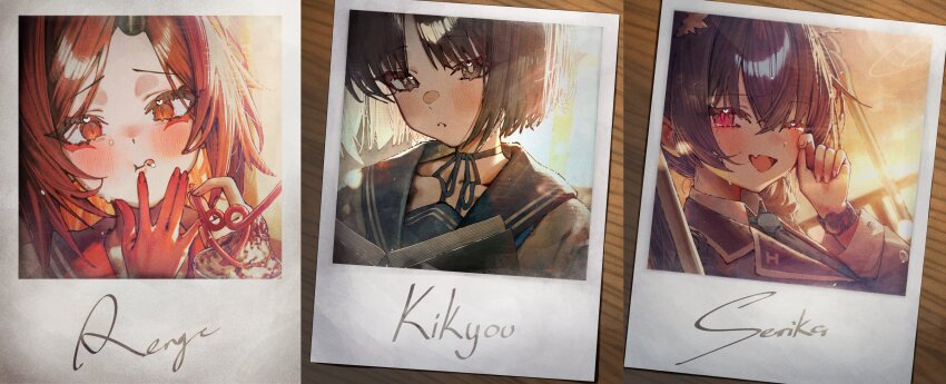 3girls absurdres animal_ear_fluff animal_ears bendy_straw betabeet black_choker black_hair blue_archive book cat_ears character_name choker drink drinking_straw fake_photograph halo highres holding holding_book horns kikyou_(blue_archive) long_hair multiple_girls photo_(object) polaroid_photo reading red_eyes red_hair renge_(blue_archive) serika_(blue_archive) short_hair single_horn watch whipped_cream wristwatch