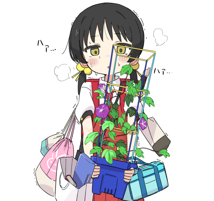 1girl bag black_hair blush book breath collared_shirt commentary drawstring drawstring_bag dress flower fusazakura hair_bobbles hair_ornament holding kaai_yuki leaf looking_at_viewer low_twintails morning_glory parted_lips plant potted_plant purple_flower red_dress shirt short_sleeves simple_background solo standing sweat trembling twintails vocaloid white_background white_shirt yellow_eyes