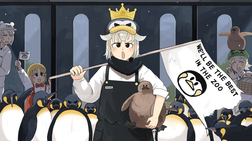 4girls :d absurdres basket bear_hat bird black_eyes black_overalls black_scarf blonde_hair bow bowtie closed_eyes commentary crown diva_(hyxpk) duck english_commentary eyelashes flag green_hat grey_hair hat highres holding holding_flag king_penguin mini_flag multiple_girls open_mouth overalls penguin penguin_chick penguin_fan_(diva) penguin_hat penguin_keeper_(diva) polar_bear_keeper_(diva) red_bow red_bowtie red_overalls scarf seal_keeper_(diva) shirt short_hair slice_of_life smile v-shaped_eyebrows waving_flag white_headwear white_shirt zoo zookeeper zookeepers_(diva)