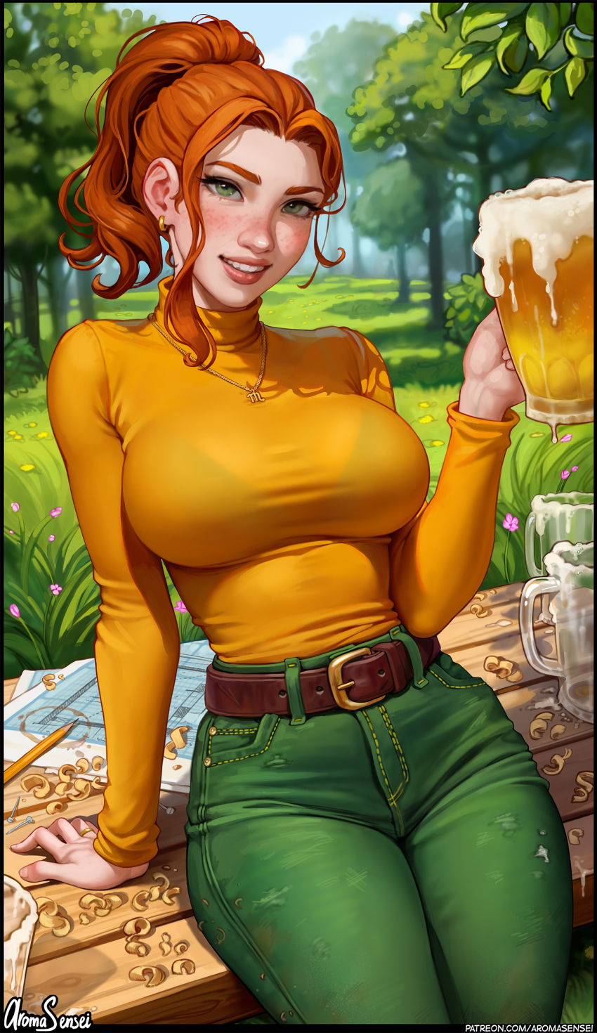 1girl absurdres alcohol arm_support aroma_sensei beer beer_mug belt bench blue_sky bra_visible_through_clothes bralines breasts cup freckles grass green_eyes green_pants grin highres jewelry large_breasts lips looking_at_viewer mug necklace nose orange_hair pants paper pencil ponytail ring robin_(stardew_valley) sitting sky smile solo stardew_valley tree wood_shavings