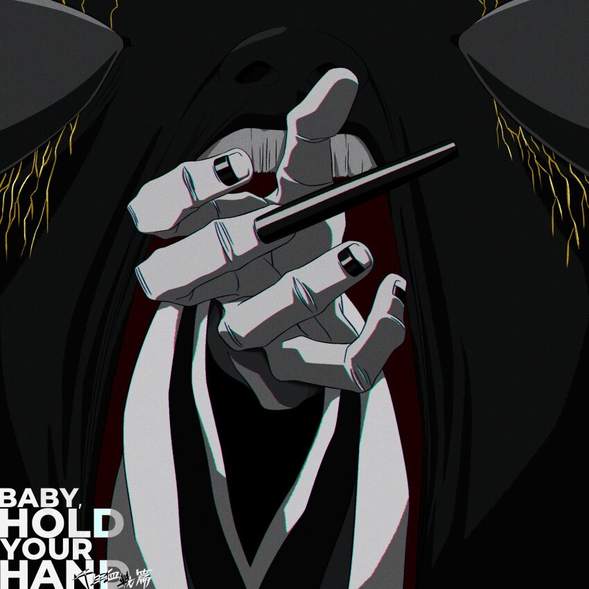 1boy 1other bankai black_nails black_skin blank_eyes bleach bleach:_sennen_kessen-hen colored_skin commentary copyright_name english_commentary english_text facial_mark film_grain fingernails hand_focus haori highres japanese_clothes konjiki_ashisogi_jizou_(bankai) kurotsuchi_mayuri long_fingernails long_sleeves male_focus nail_polish nose official_style open_mouth taichou_haori teeth upper_teeth_only white_skin wide_sleeves yuuta_(yuuta0312)
