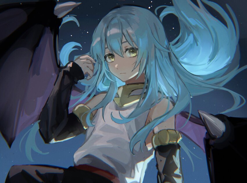 1other belt black_pants black_sleeves blue_hair detached_sleeves dragon_wings highres long_hair night night_sky pants red_belt rimuru_tempest sayu0511 shirt sky solo star_(sky) tensei_shitara_slime_datta_ken white_shirt wings yellow_eyes